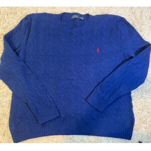 Polo Ralph Lauren Cable Knit Wool Cashmere Men's Sweater XL Royal Blue Preppy